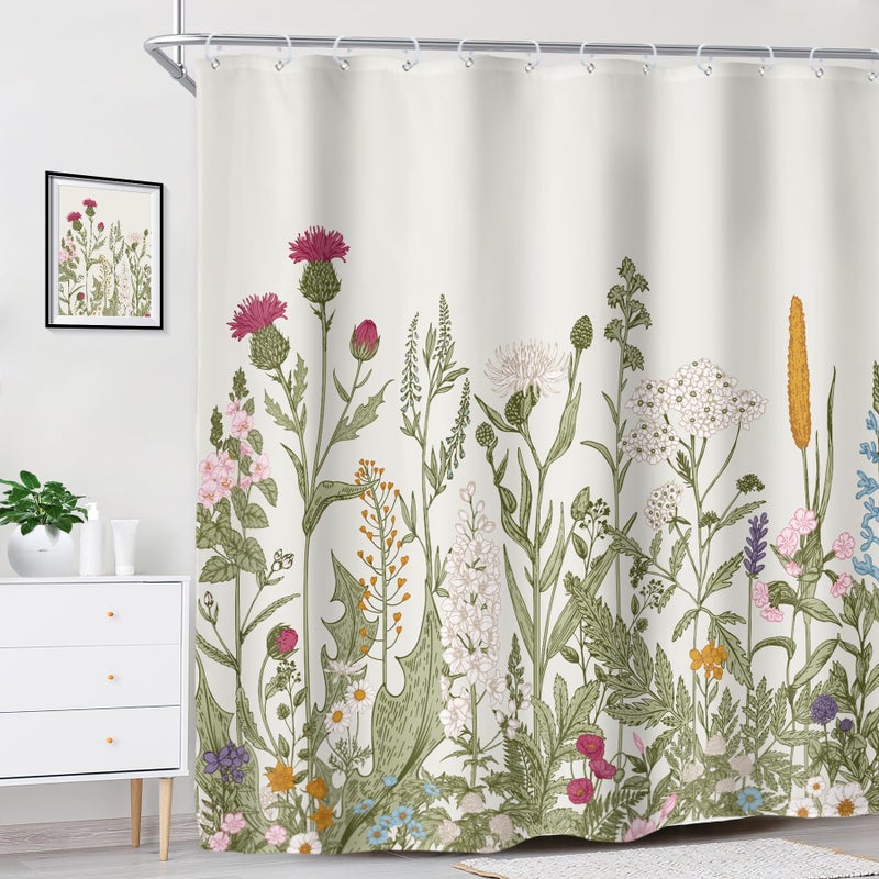 Riyidecor 72Wx84H Inch Extra Long Shower Curtain for Bathroom Decor Wildflower Flower Floral Vintage Botanical Accessories Herbs Plant Bathroom Set Windows Fabric Polyester Waterproof 12 Pack Hooks - Image 3